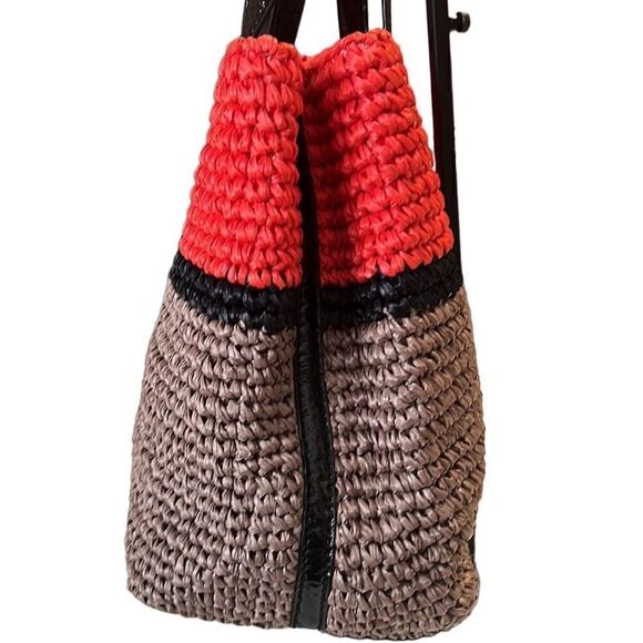 Kate Spade Black Orange Brown Straw and Patent Leather Shoulder Bag Tote - Picture 7 of 12